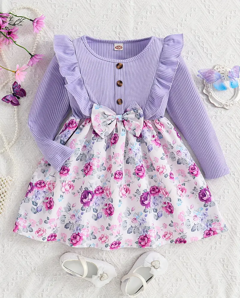 Girls purple floral bow dress