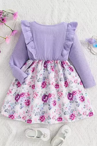 Girls purple floral bow dress