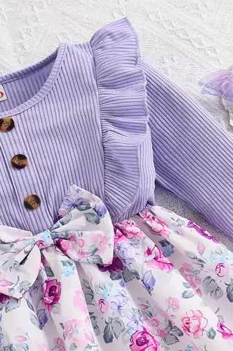 Girls purple floral bow dress