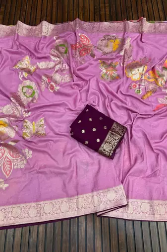 onion pink meenakari figure flower georgette saree