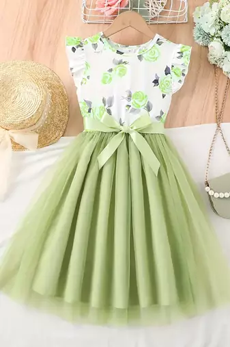 Green floral print net party wear girls dress