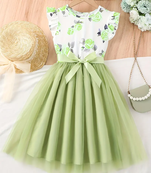 Green floral print net party wear girls dress
