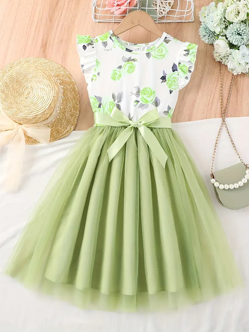 Green floral print net party wear girls dress