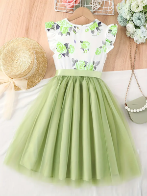 Green floral print net party wear girls dress 2