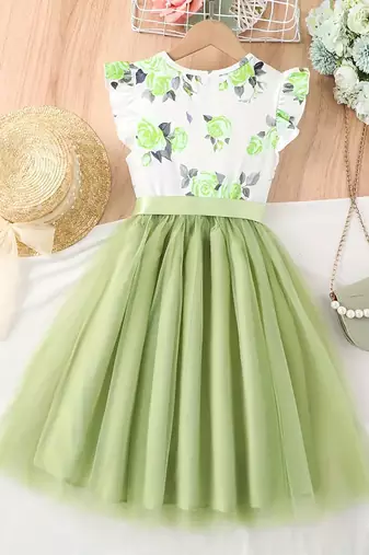 Green floral print net party wear girls dress