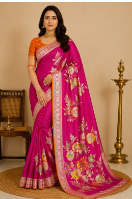rani pink meenakari figure flower georgette saree 1
