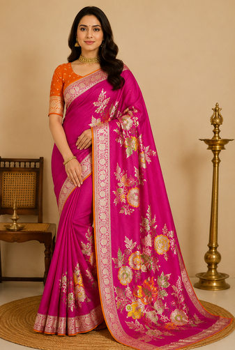 rani pink meenakari figure flower georgette saree