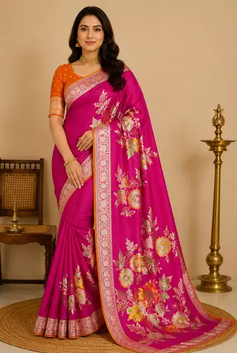 rani pink meenakari figure flower georgette saree