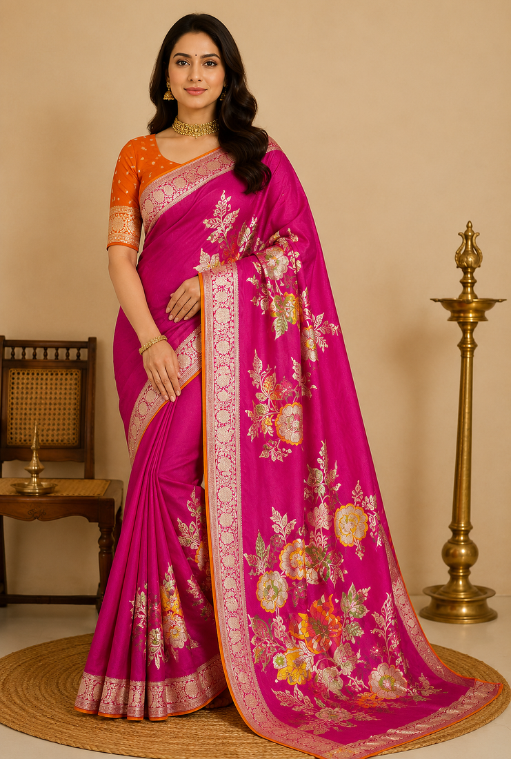 rani pink meenakari figure flower georgette saree