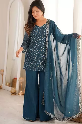 Teal-blue crunchy silk kurta set with sequence & jari work