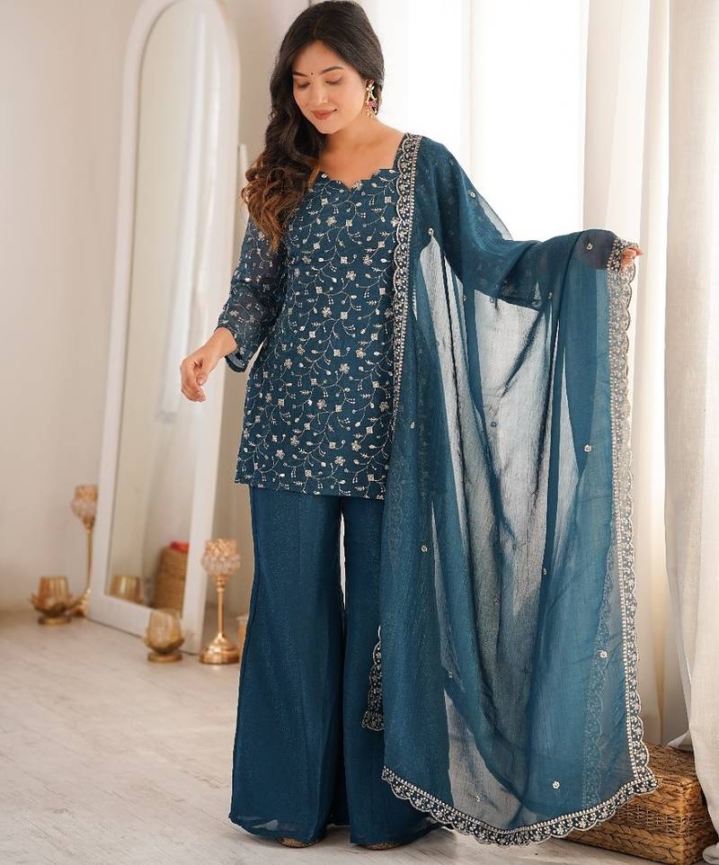 teal-blue silk blend kurta set