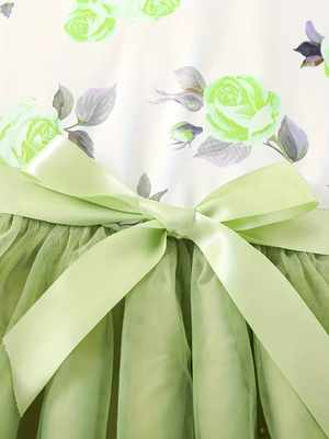Green floral print net party wear girls dress 3