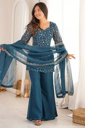 Teal-blue crunchy silk kurta set with sequence & jari work