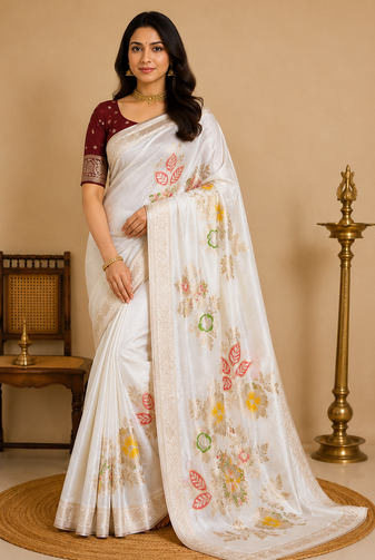 white meenakari figure flower georgette saree