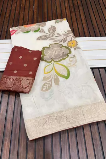 white meenakari figure flower georgette saree