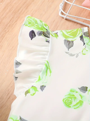 Green floral print net party wear girls dress 4