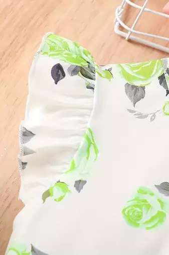 Green floral print net party wear girls dress