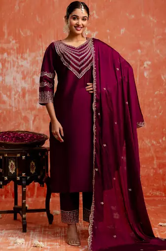Floral embroidered viscose rayon v neck kurta trouser & dupatta set