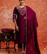 Floral embroidered viscose rayon v neck kurta trouser & dupatta set