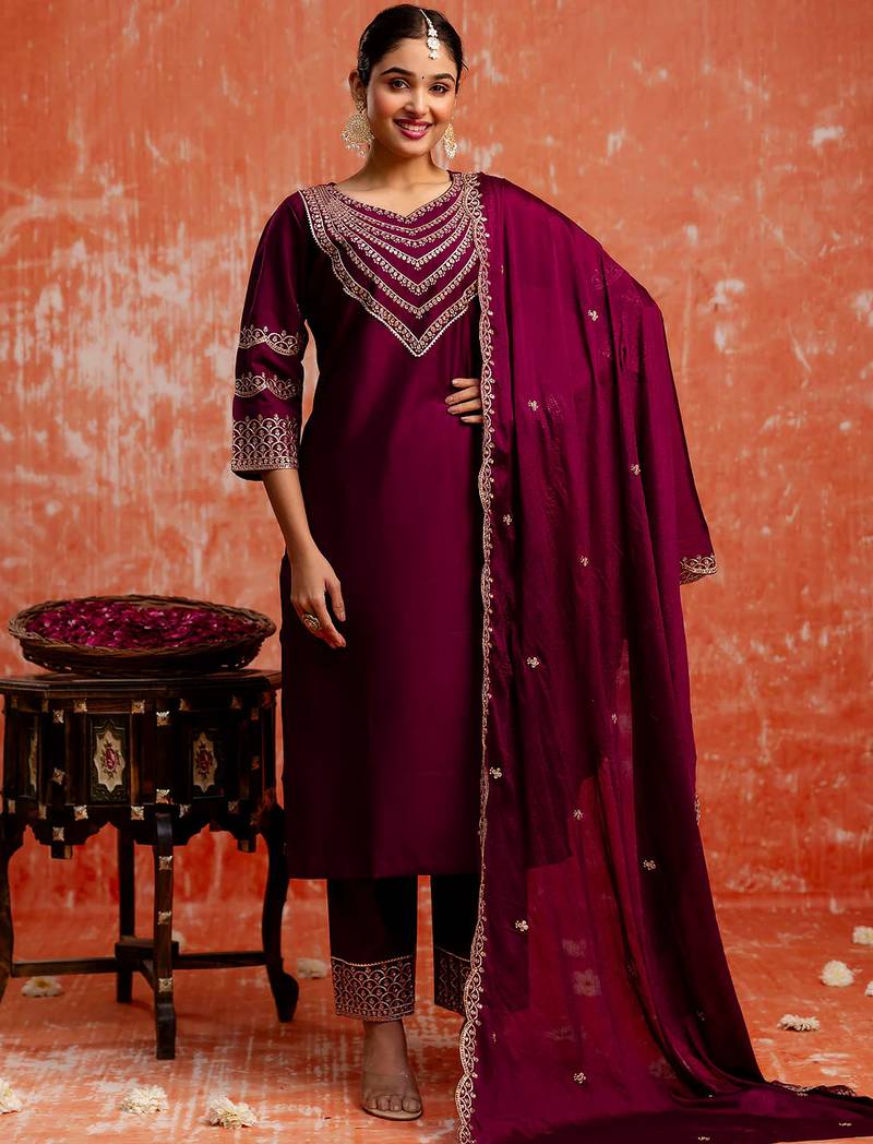 Floral embroidered viscose rayon v neck kurta trouser & dupatta set