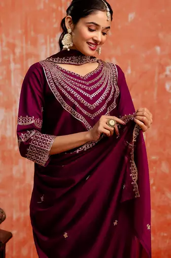 Floral embroidered viscose rayon v neck kurta trouser & dupatta set