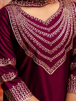 Floral embroidered viscose rayon v neck kurta trouser & dupatta set 4