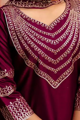 Floral embroidered viscose rayon v neck kurta trouser & dupatta set