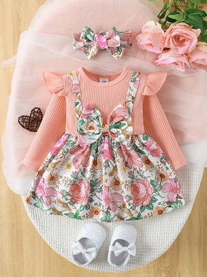 Pink floral ribbed cotton baby girl frock dress set 1