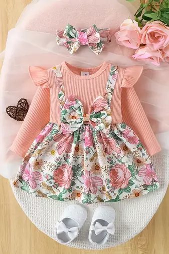 Pink floral ribbed cotton baby girl frock dress set
