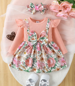 Pink floral ribbed cotton baby girl frock dress set