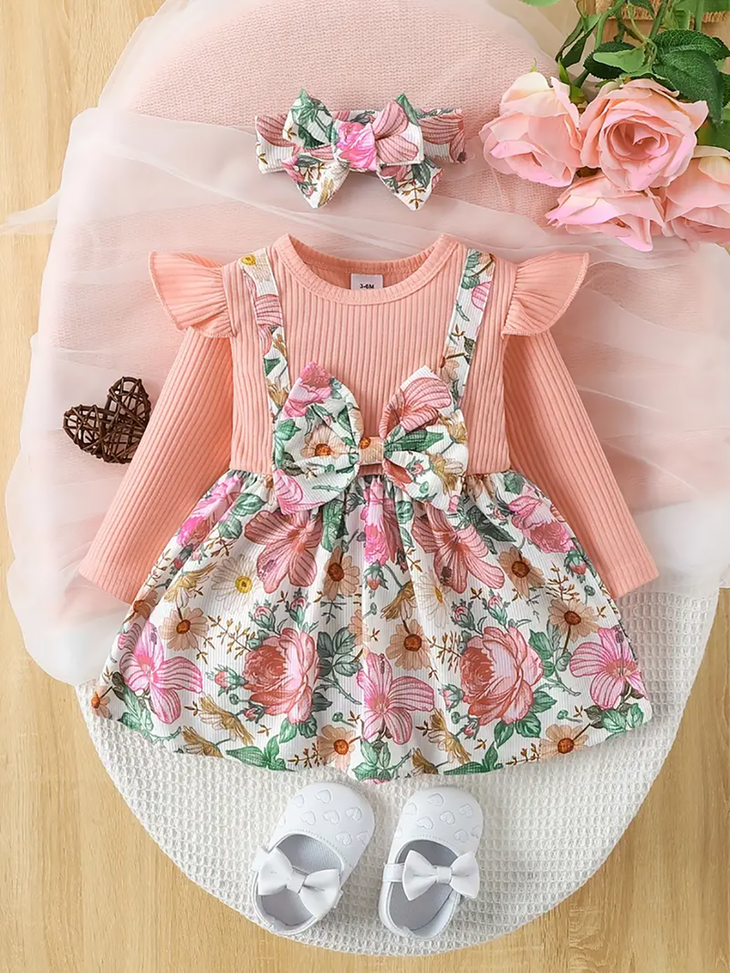 Pink floral ribbed cotton baby girl frock dress set