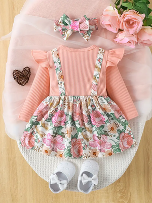 Pink floral ribbed cotton baby girl frock dress set 2