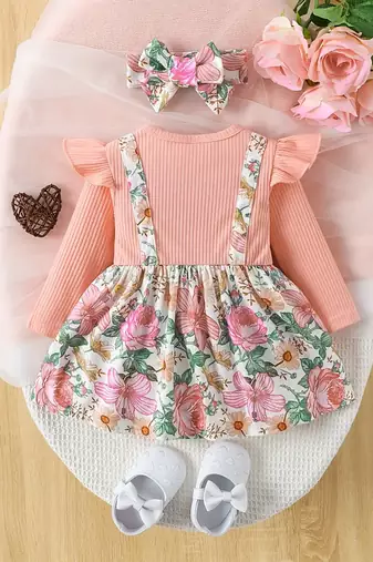 Pink floral ribbed cotton baby girl frock dress set