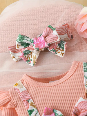 Pink floral ribbed cotton baby girl frock dress set 3