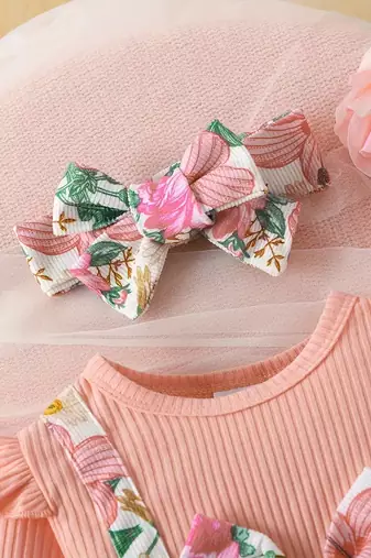 Pink floral ribbed cotton baby girl frock dress set