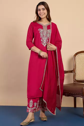Floral embroidered silk blend blend v neck kurta trouser & dupatta set