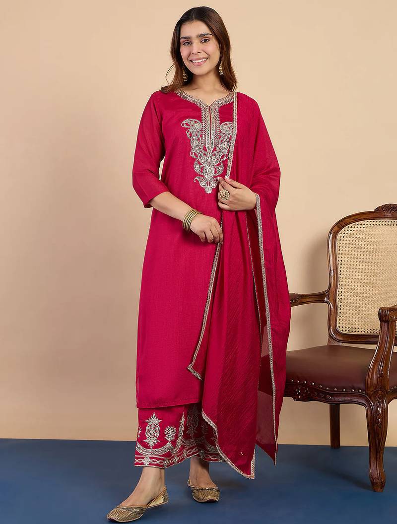 Floral embroidered silk blend v neck kurta trouser & dupatta set