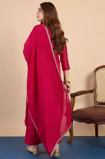 Floral embroidered silk blend blend v neck kurta trouser & dupatta set