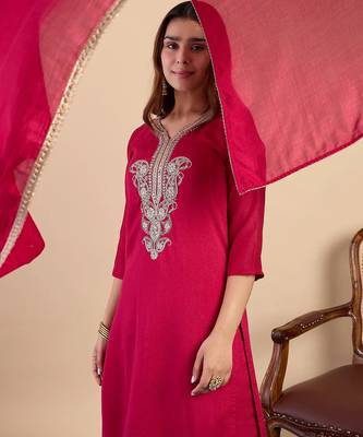 Floral embroidered silk blend blend v neck kurta trouser & dupatta set 4