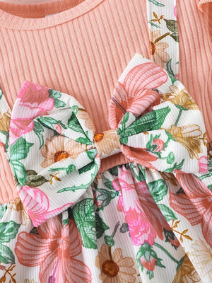 Pink floral ribbed cotton baby girl frock dress set 4