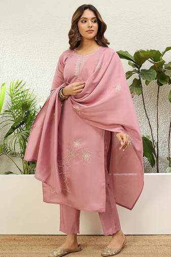 Floral embroidered silk round neck kurta trouser & dupatta set