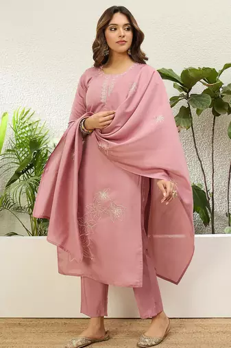 Floral embroidered silk round neck kurta trouser & dupatta set