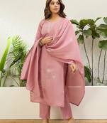 Floral embroidered silk blend round neck kurta trouser & dupatta set
