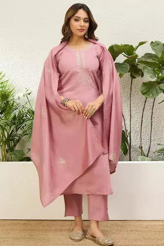 Floral embroidered silk blend round neck kurta trouser & dupatta set