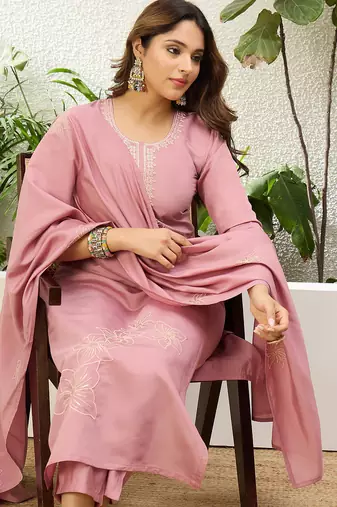 Floral embroidered silk blend round neck kurta trouser & dupatta set