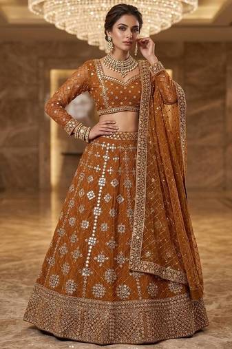 yellow georgette embroidered lehenga choli