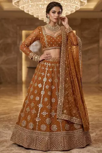 yellow georgette embroidered lehenga choli