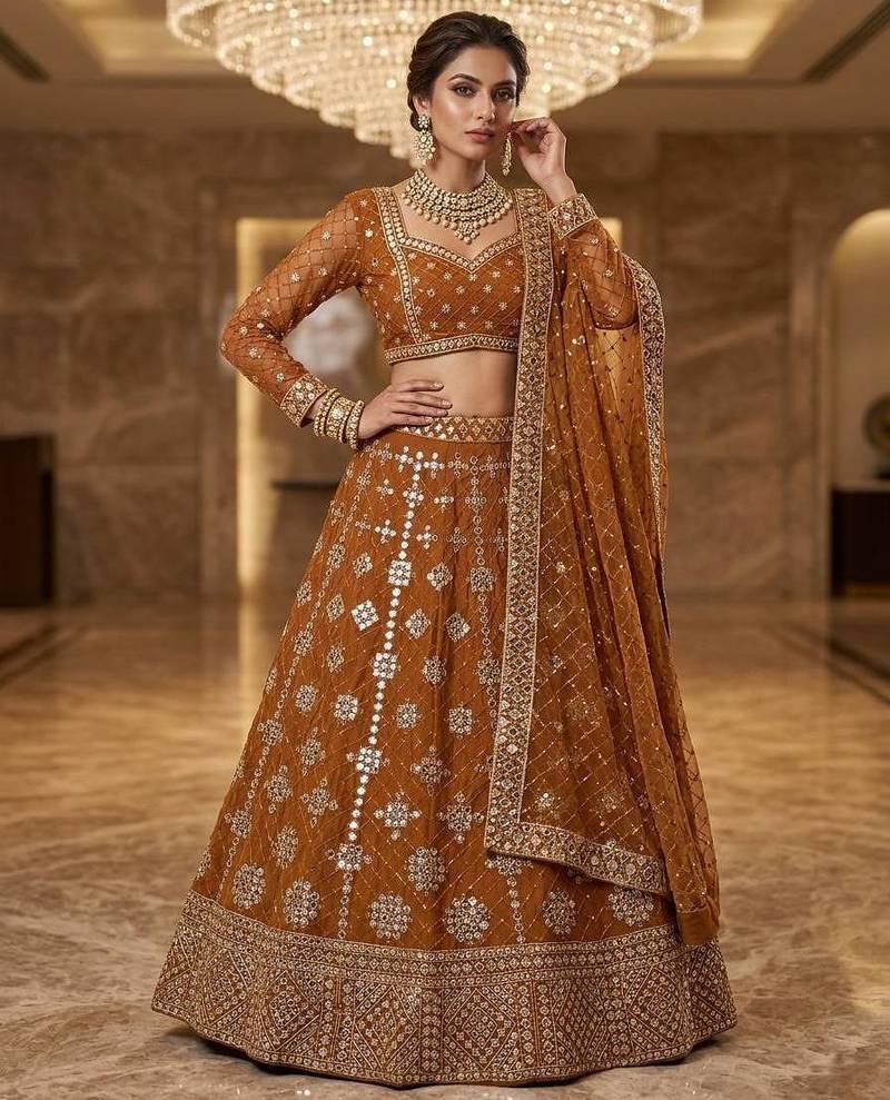 yellow georgette embroidered lehenga choli