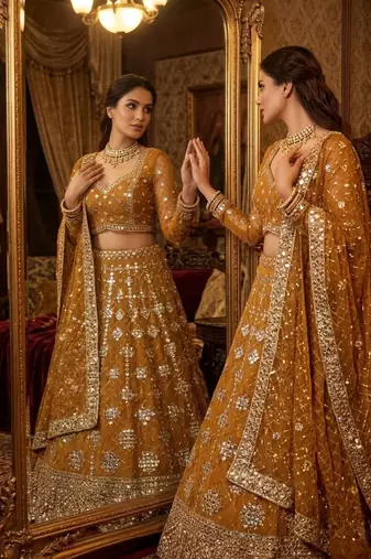 yellow georgette embroidered lehenga choli