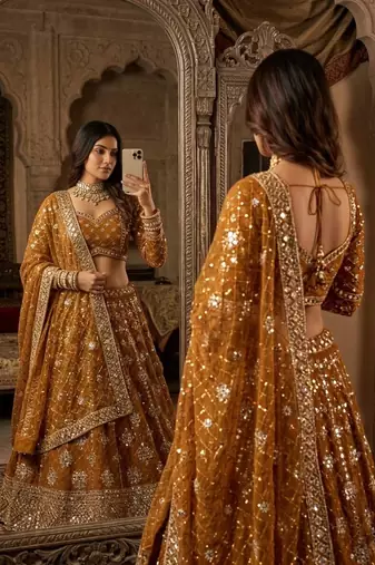 yellow georgette embroidered lehenga choli